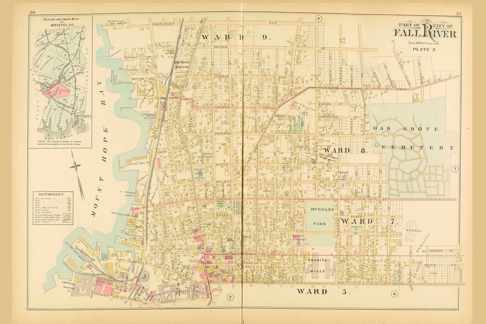 Fall River 1895 Old Town Map Reprint Oak Grove Cemetery Etsy