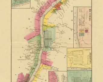 Könnte beinhalten: Eine antike Karte des Oberen Ohio River und des Tals, Teil XVIII, die das Gebiet von 312 bis 320 Meilen unterhalb von Pittsburgh und 120 bis 135 Meilen oberhalb von Cincinnati zeigt. Die Karte ist farbcodiert und umfasst die Städte South Point, Ashland, Russell, Arigocity, Catlettsburg, KY, Arigocity und Hampton City.
