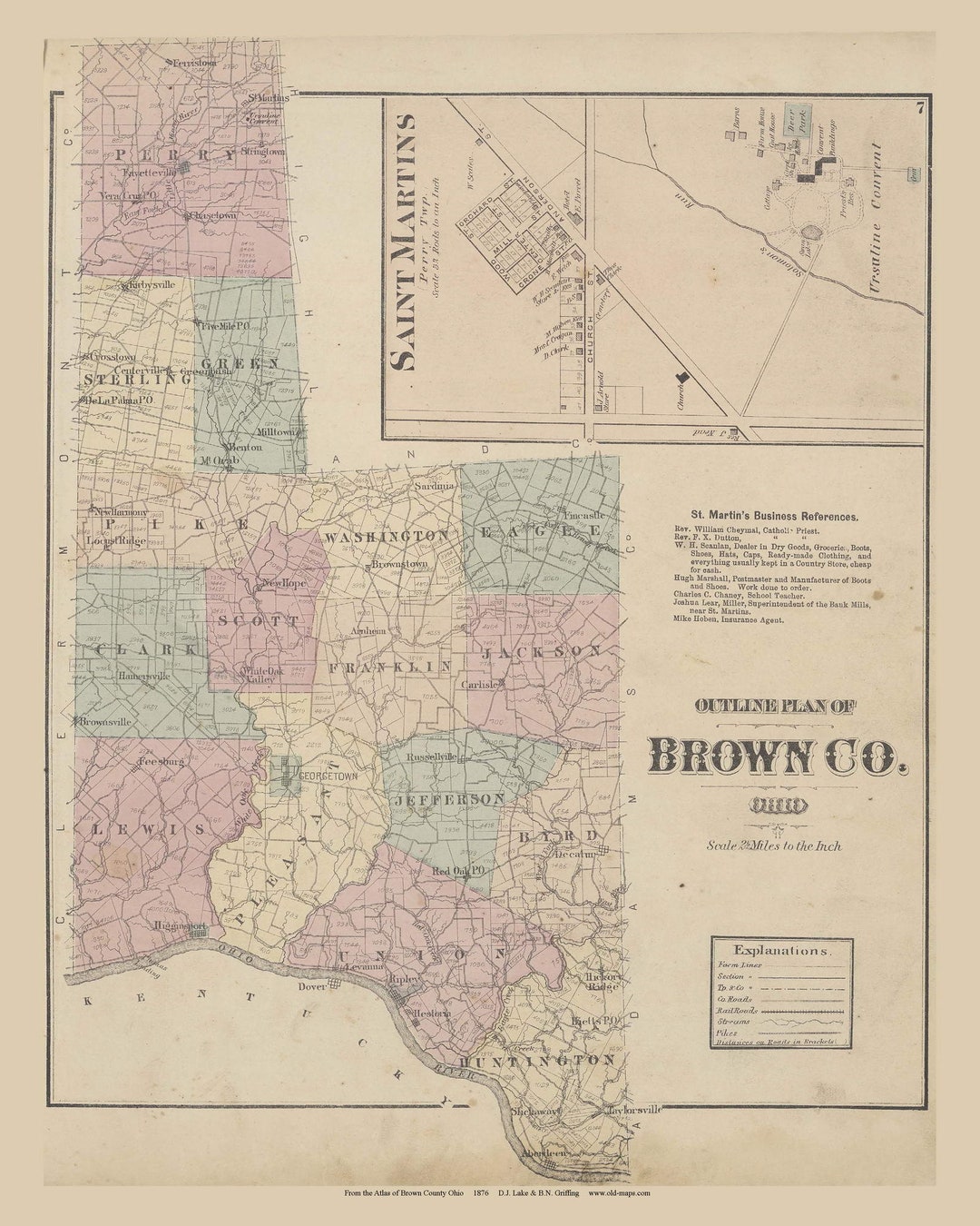 Brown County, Ohio 1876 Old Town Map Reprint Saint Martins perry