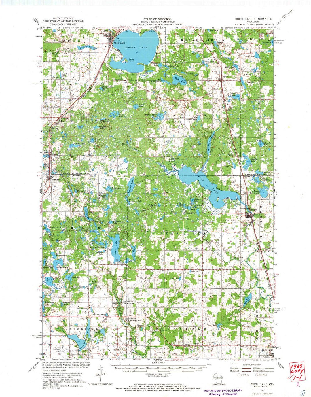Shell Lake 1965 1967 Old Topo Map Bear Lake Quad Reprint - Etsy