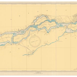May include: A vintage map of the St. Lawrence River, showing the river's course from Lake Ontario to Montreal, Canada. The map is printed on a cream-colored background with blue lines representing the river and its tributaries. The map includes various islands, towns, and cities along the river.