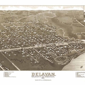 May include: An antique bird's-eye view map of Delavan, Walworth Co. Wisconsin, 1884. The map shows the town's layout with streets, buildings, and a lake. The text "STATE INSTITUTE FOR DEAF AND DUMB" is visible in the upper right corner.