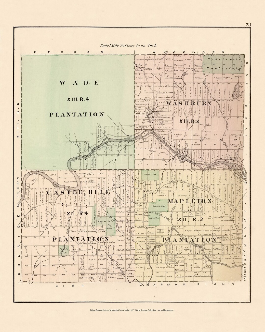 Wade, Castle Hill, Mapleton Plantation, Washburn 1877 Old Town Map