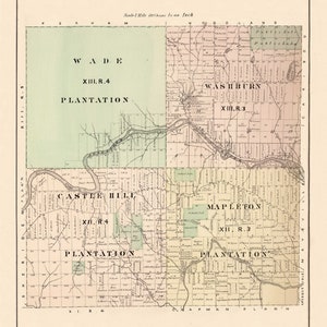 May include: A vintage map of Wade, Washburn, Castle Hill, and Mapleton Townships in Anoka County, Minnesota. The map shows the townships' boundaries, roads, and waterways. The map is dated 1877 and is printed in black and white.