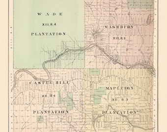 May include: A vintage map of Wade, Washburn, Castle Hill, and Mapleton Townships in Anoka County, Minnesota. The map shows the townships' boundaries, roads, and waterways. The map is dated 1877 and is printed in black and white.