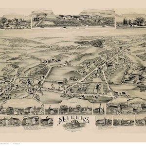 May include: A vintage black and white bird's eye view map of Millis, Massachusetts, 1883. The map shows the town's layout with roads, buildings, and surrounding landscape. The map is surrounded by smaller inset maps of different parts of the town.