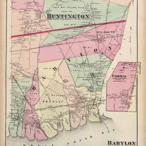 Huntington & Babylon 1873 Old Map Long Island New York with Homeowner Names Reprint Suffolk Co Atlas