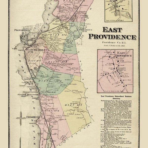 East Providence Rhode Island 1870 Old Town Map Watchemoket Omega Reprint with Homeowner Names - Genealogy RI TM