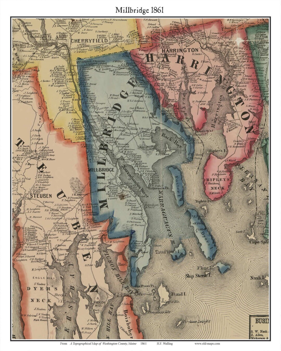 Millbridge 1861 Old Town Map With Homeowner Names Maine Reprint