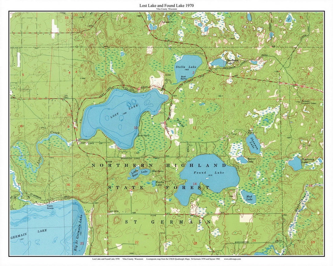 Found. Map Lost Lake and Found Lake 1970 - USGS Old Topographic Map Custom ...