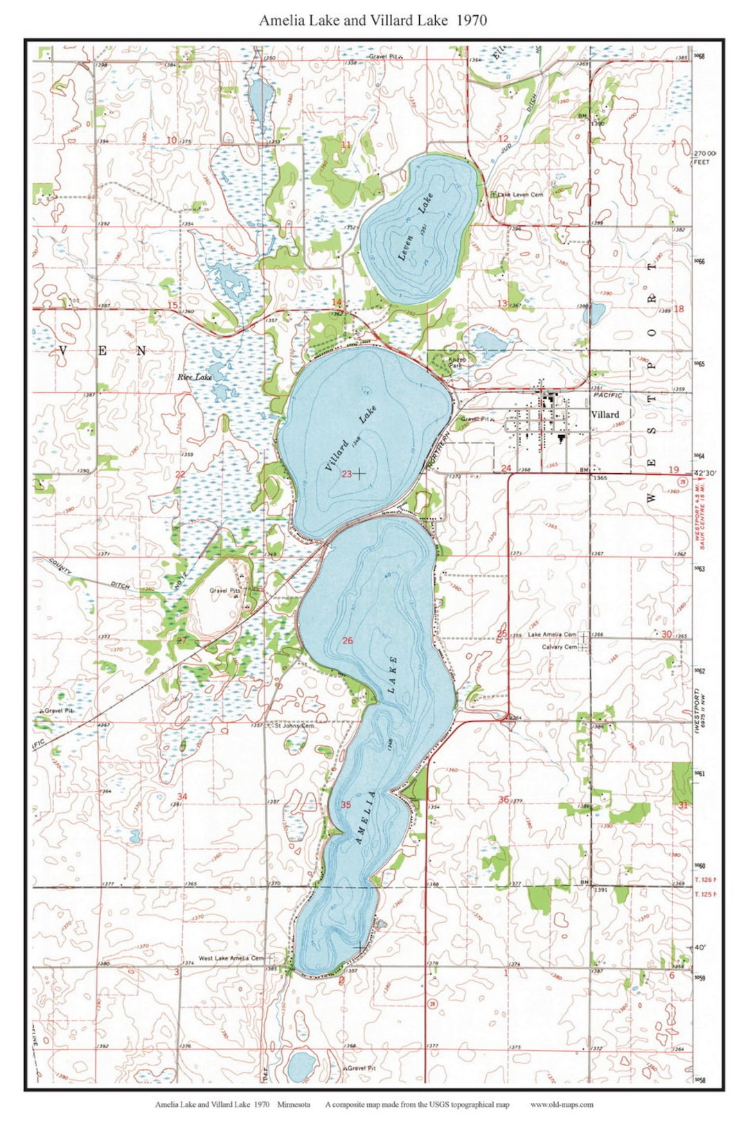 Amelia Lake and Villard Lake 1970 Map Reprint Old Topographic USGS Custom Composite Minnesota