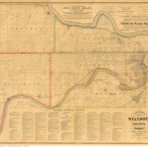 Wyandott County Kansas 1885 -  Old Wall Map -  Reprint - Landowner Names - Genealogy