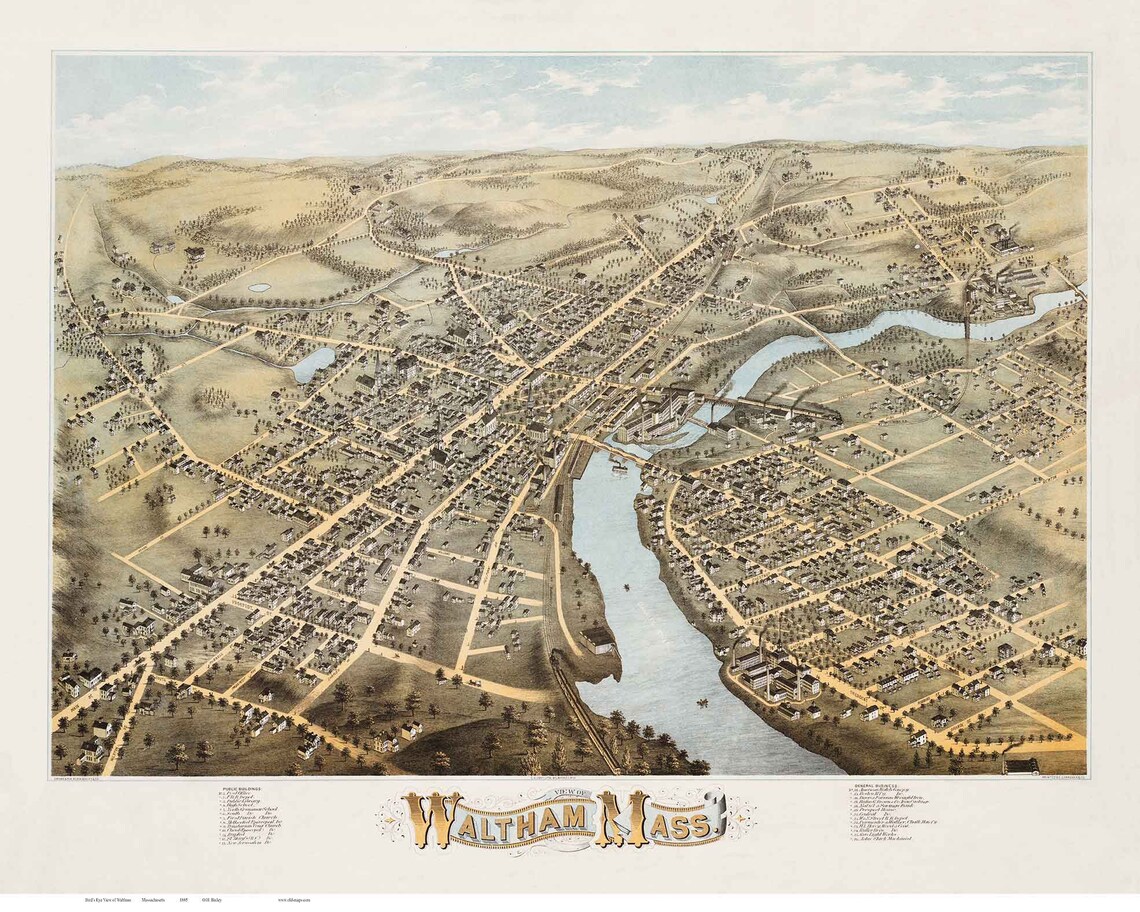 Waltham Massachusetts 1877 Birds Eye View O.H. Bailey Etsy