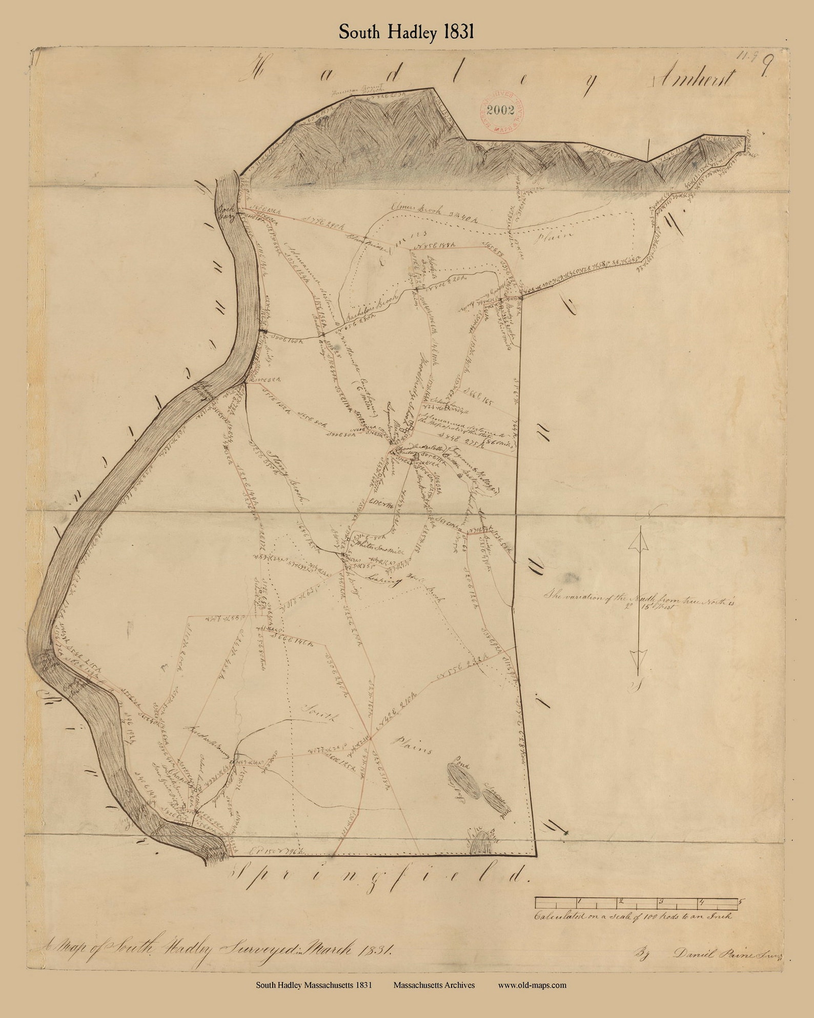 South Hadley 1831 Town Plan Old Roads Reprint, Massachusetts Archives