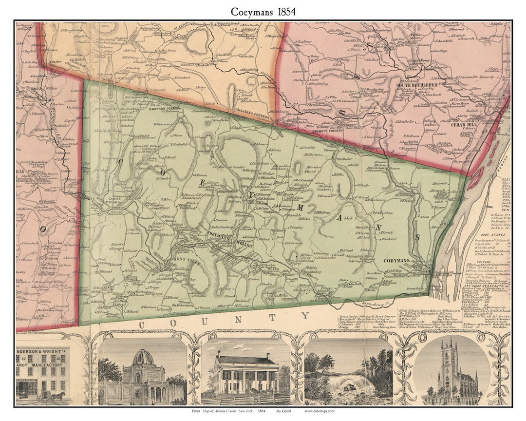 Coeymans 1854 Old Town Map With Homeowner Names New York Reprint Genealogy Albany County NY TM