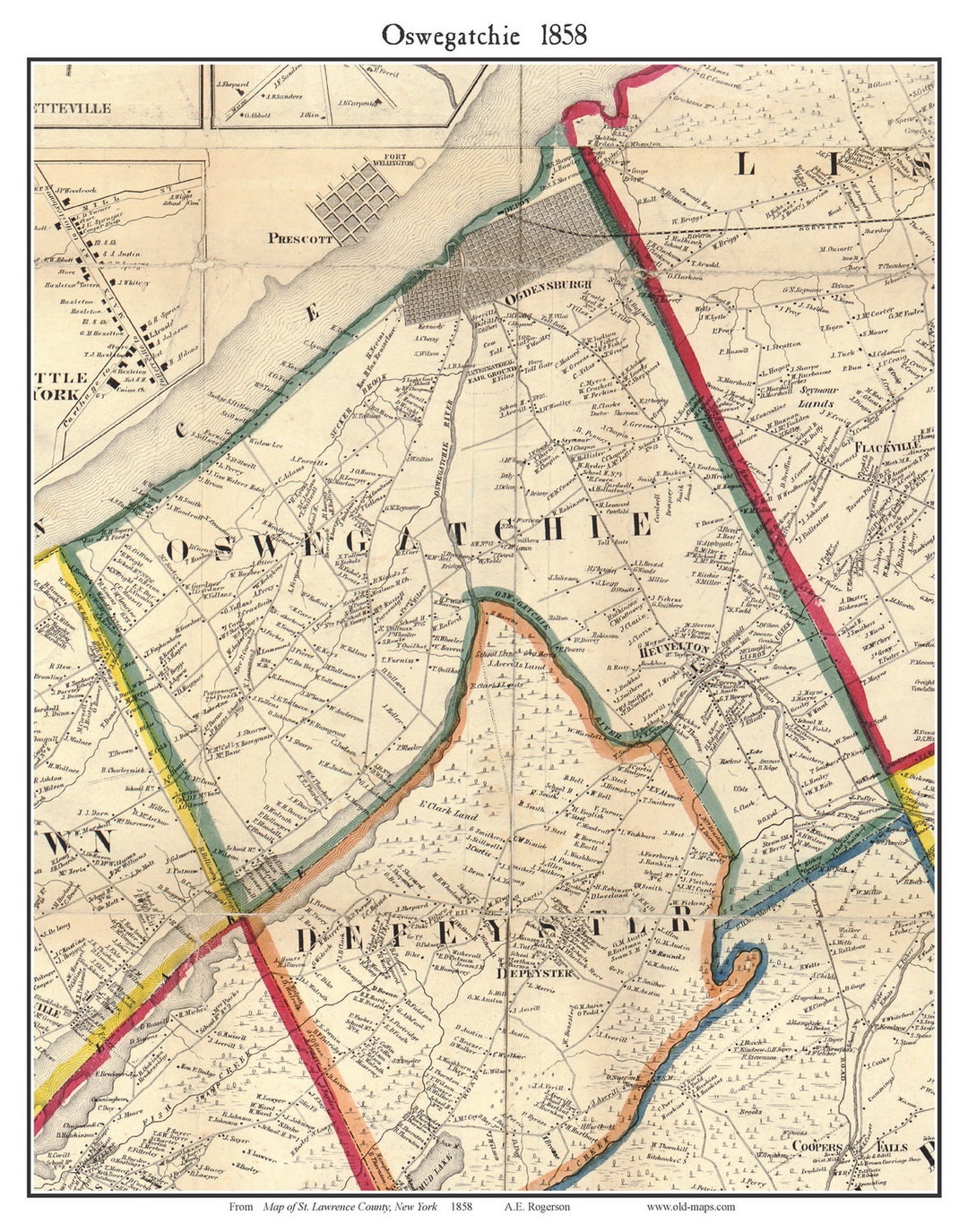 Oswegatchie 1858 Old Town Map With Homeowner Names New York Reprint