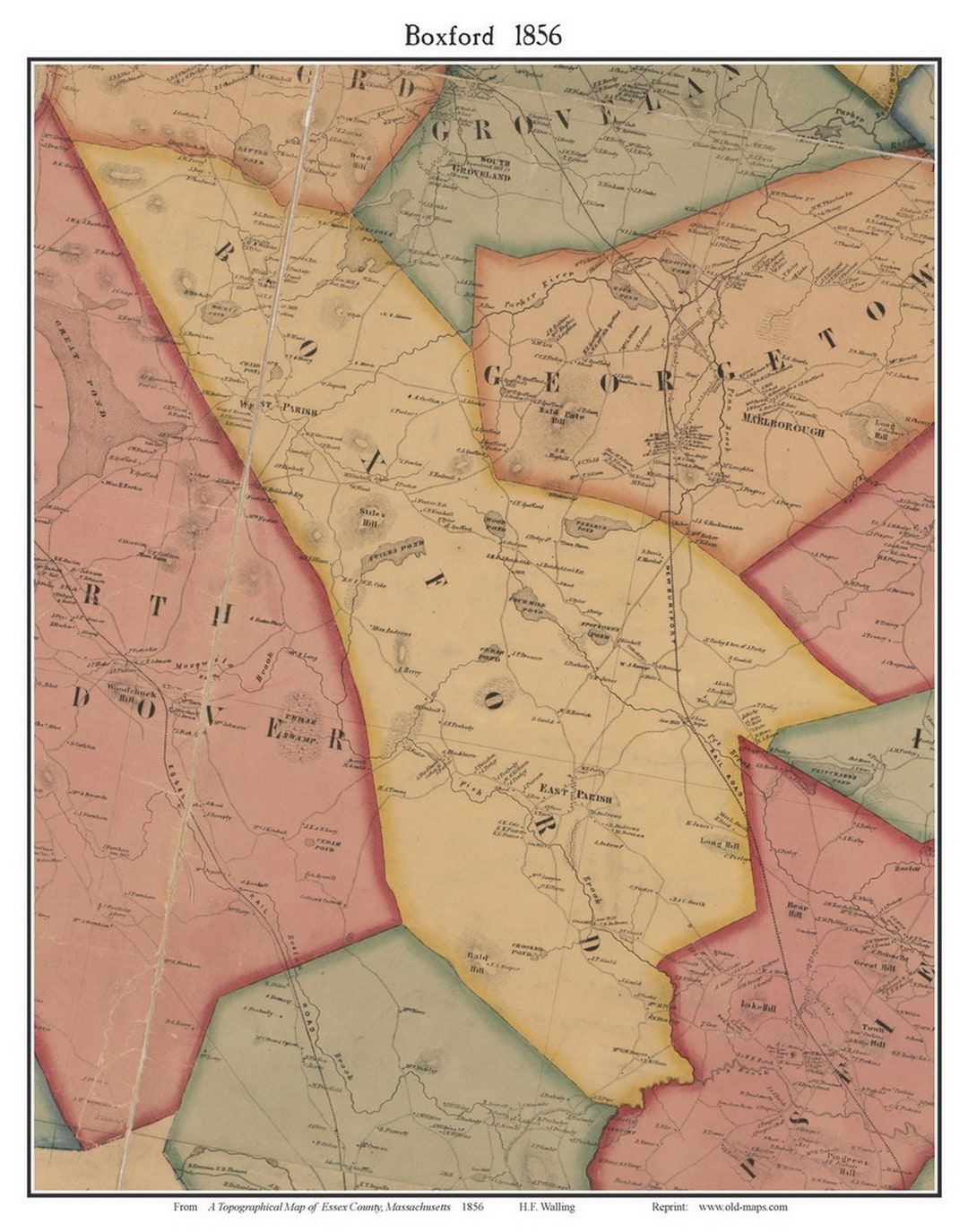 Boxford Massachusetts 1856 Old Town Map With Homeowner Names Etsy