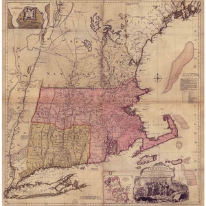New England - ca 1760 Old Map Reprint - Old Town Names  Jefferys colored- NE Maps