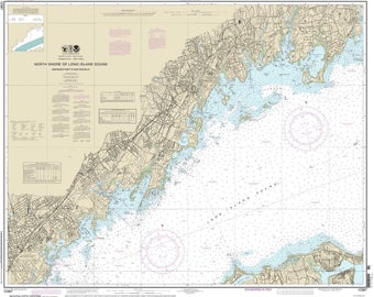 Könnte beinhalten: Seekarte der Nordküste von Long Island Sound, die Greenwich Point bis Northville, New York, zeigt. Die Karte enthält detaillierte Informationen über die Küste, Wasserwege und Tiefen. Sie ist eine wertvolle Ressource für Bootsfahrer und Seeleute.