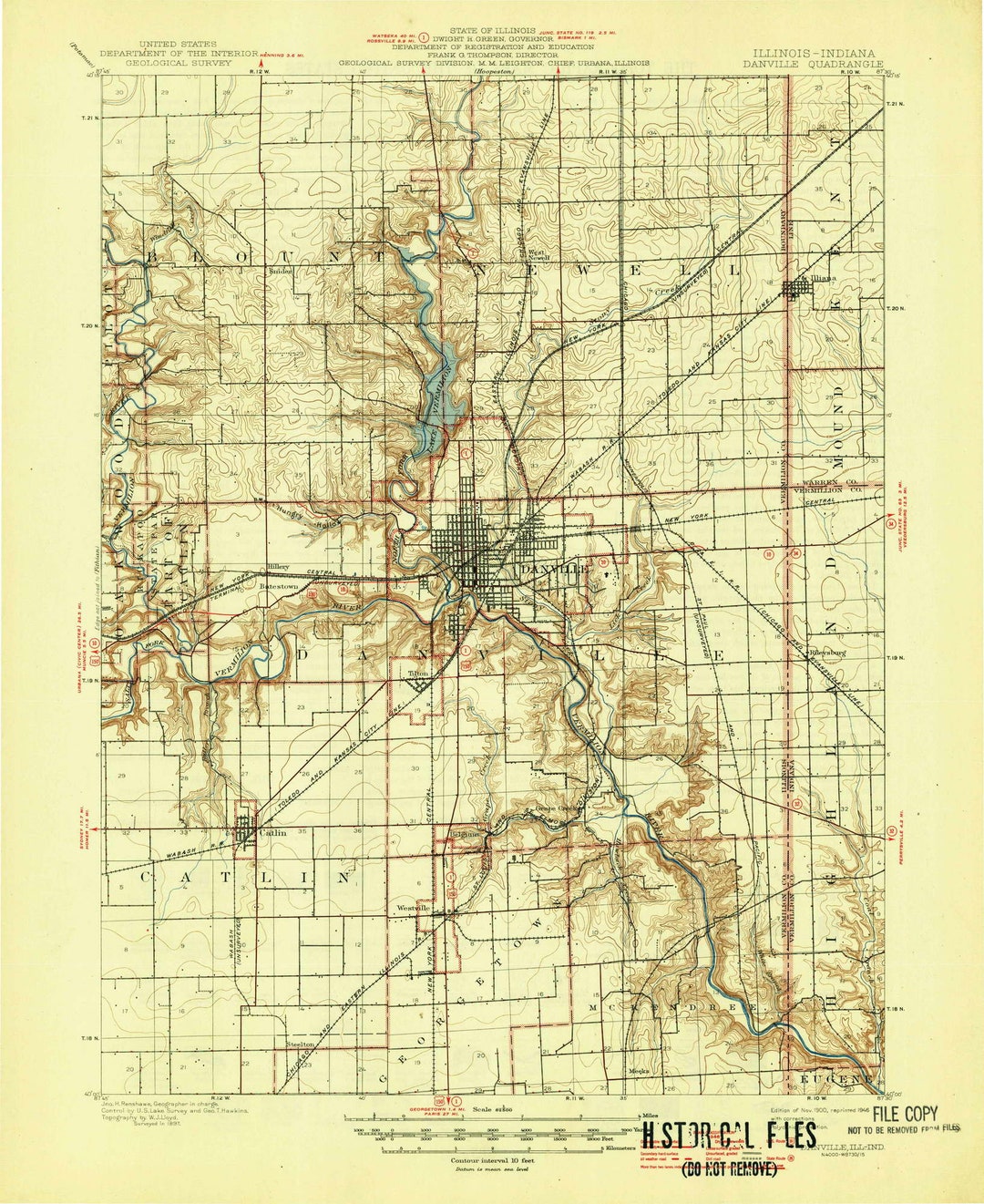 Danville 1900 1946 Old Topo Map Lake Vermillion Catlin Quad Reprint 15x15 USGS Topographic