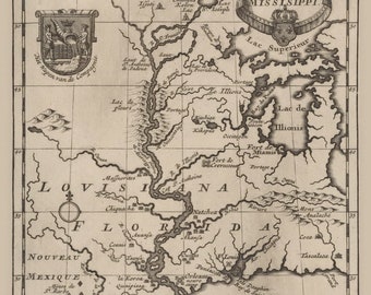Könnte beinhalten: Eine antike Karte von Louisiana und dem Mississippi, die die Geographie der Region und die indigenen Stämme zeigt. Die Karte trägt den Titel "LOVISIANA by de Rivier MISSLSIPPI." und enthält den Text "PARTIE DE NOUVELLE ESPAGNE" und "GOLFO DE MEXIQUE".