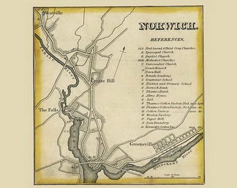 Norwich Village Connecticut 1833 Old Town Map - Reprint New London County CT TM