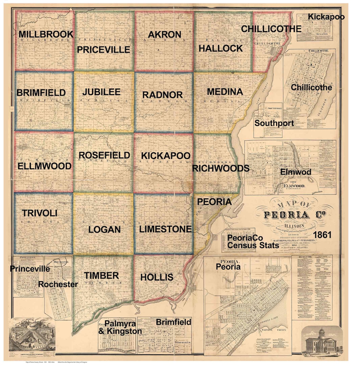 Peoria County Illinois 1861 Old Wall Map Reprint with Etsy