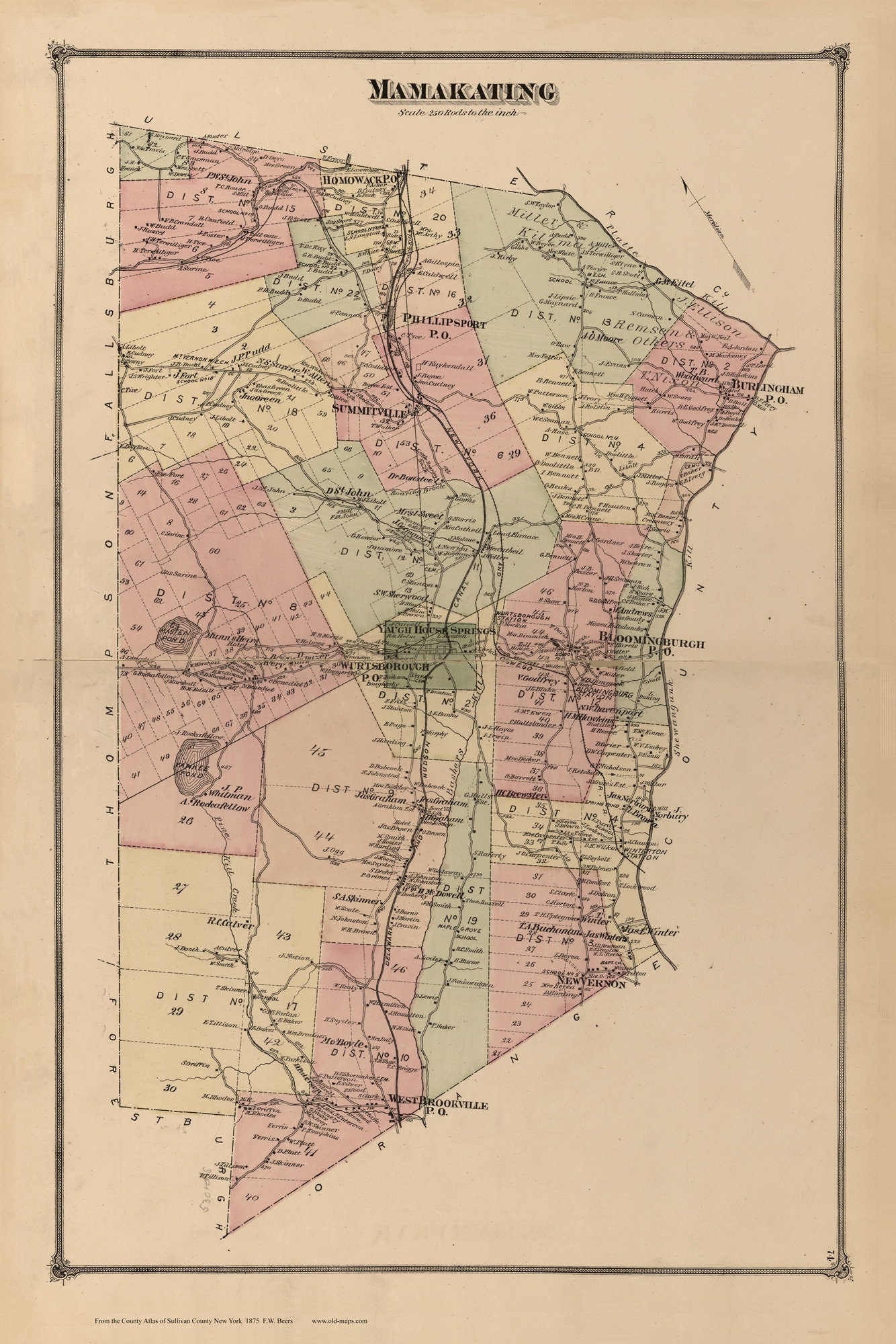 Mamakating 1875 Map Homeowner Names Catskills Bloomingburg Wurtsboro Summitville Reprint