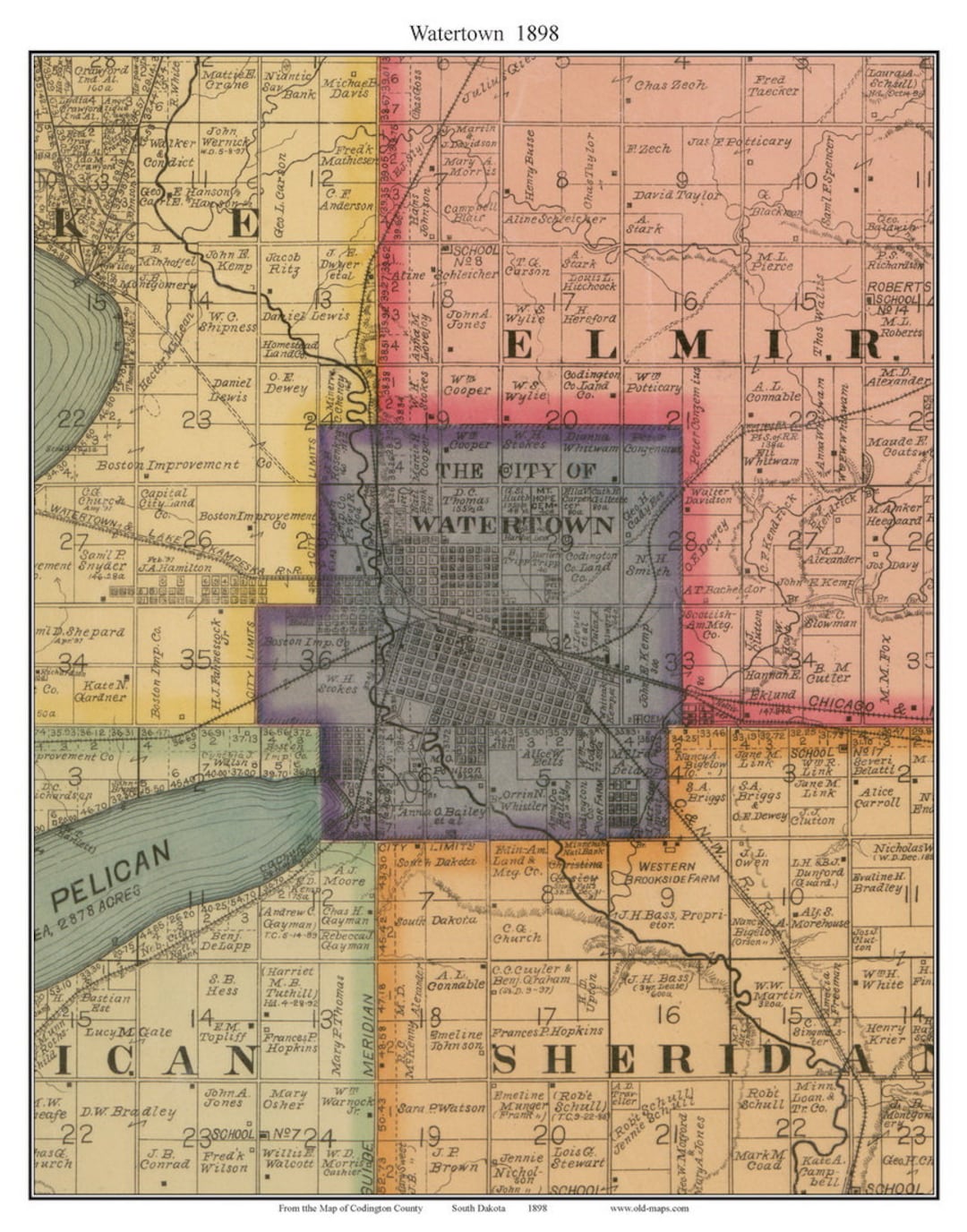 Watertown 1898 Old Town Map With Homeowner Names South Dakota Codington