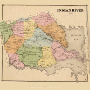 May include: A vintage map of Indian River, Delaware, showing the different districts and waterways. The map is printed in black and white with colored lines and text.