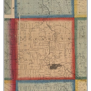 Puede incluir: Un mapa antiguo de Flushing, Michigan de 1859. El mapa está dividido en secciones con diferentes colores. El mapa muestra los nombres de las ciudades, carreteras y ríos. El texto "From the map of Genesee & Shiawassee Counties Michigan 1859" está en la parte inferior del mapa.