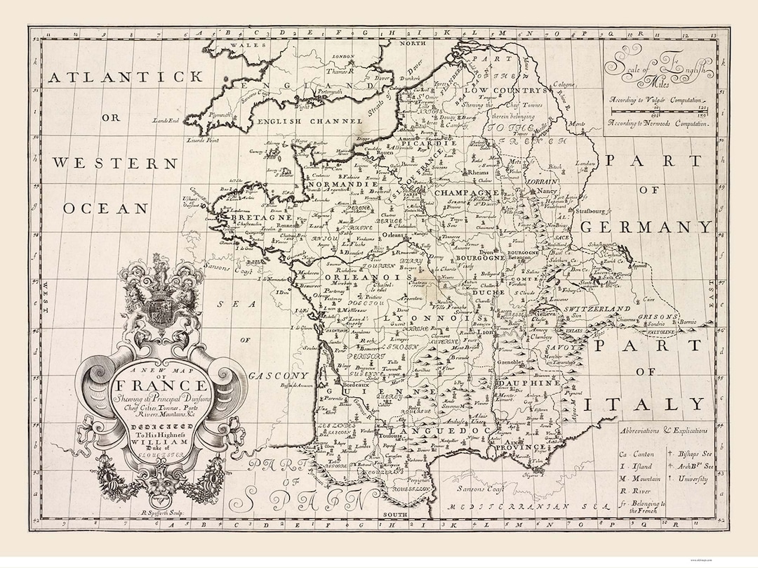 France 1700 - Provinces, Towns and Rivers -- Old Map