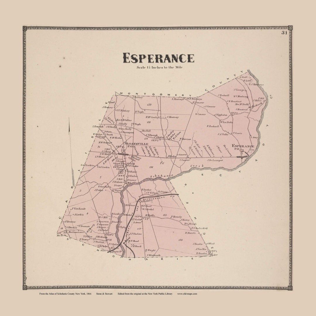 Esperance 1866 Map Homeowner Names Reprint Schoharie Co Beers Atlas New