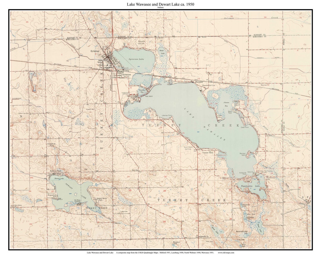 Lake Wawasee 1950 Old Topographic Map USGS Dewart Lake Syracuse Lake