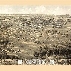 May include: An antique bird's-eye view map of Chillicothe, Ohio, from 1875. The map shows the city's streets, buildings, and parks. The map is in black and white and has a decorative border.