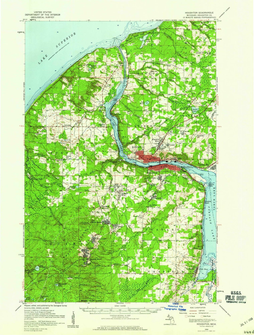 Houghton 1954 1959 Old Topo Map Hancock Portage Lake Etsy