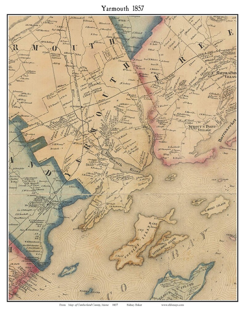 Yarmouth Maine 1857 Old Town Map With Homeowner Names Etsy
