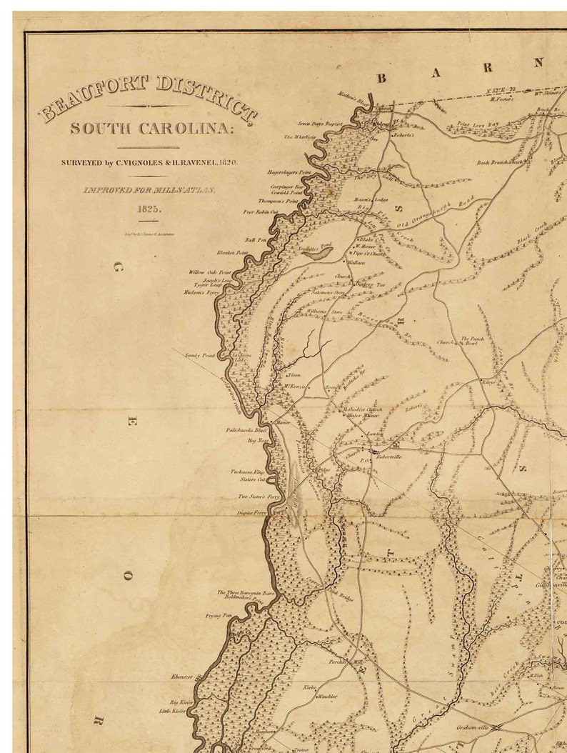 Beaufort District South Carolina 1825 County Wall Map Homeowner names Mills Atlas Reprint LC image 2