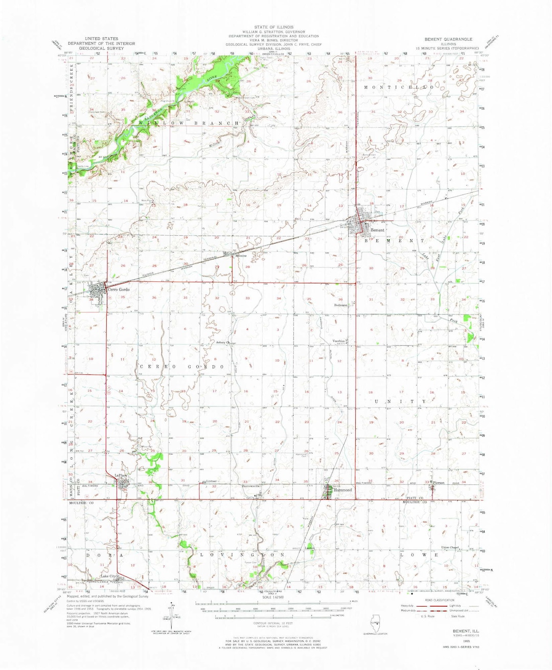 Bement 1955 1973 Old Topo Map Cerro Gordo Hammond Lake City Quad Reprint 15x15 USGS Topographic
