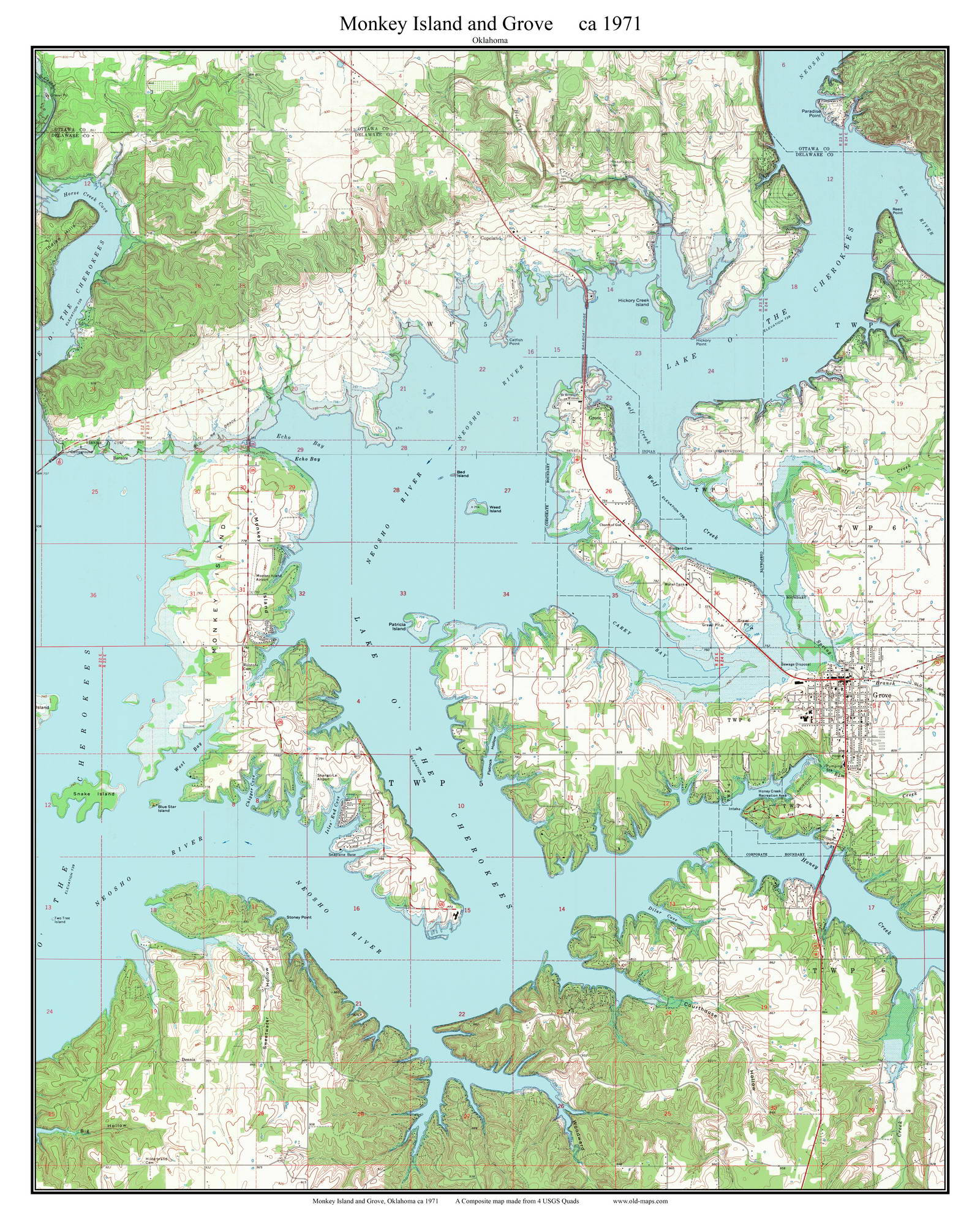 英語　グル風拡張アートの島4枚と山2枚 Monkey Island and Grove 1971 Old Topographic Map USGS Lake O' the