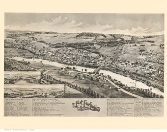 May include: A black and white aerial view of Fort Fairfield, Maine in 1885. The image shows the town's layout, including the river, bridge, and buildings. A key identifies various locations within the town.