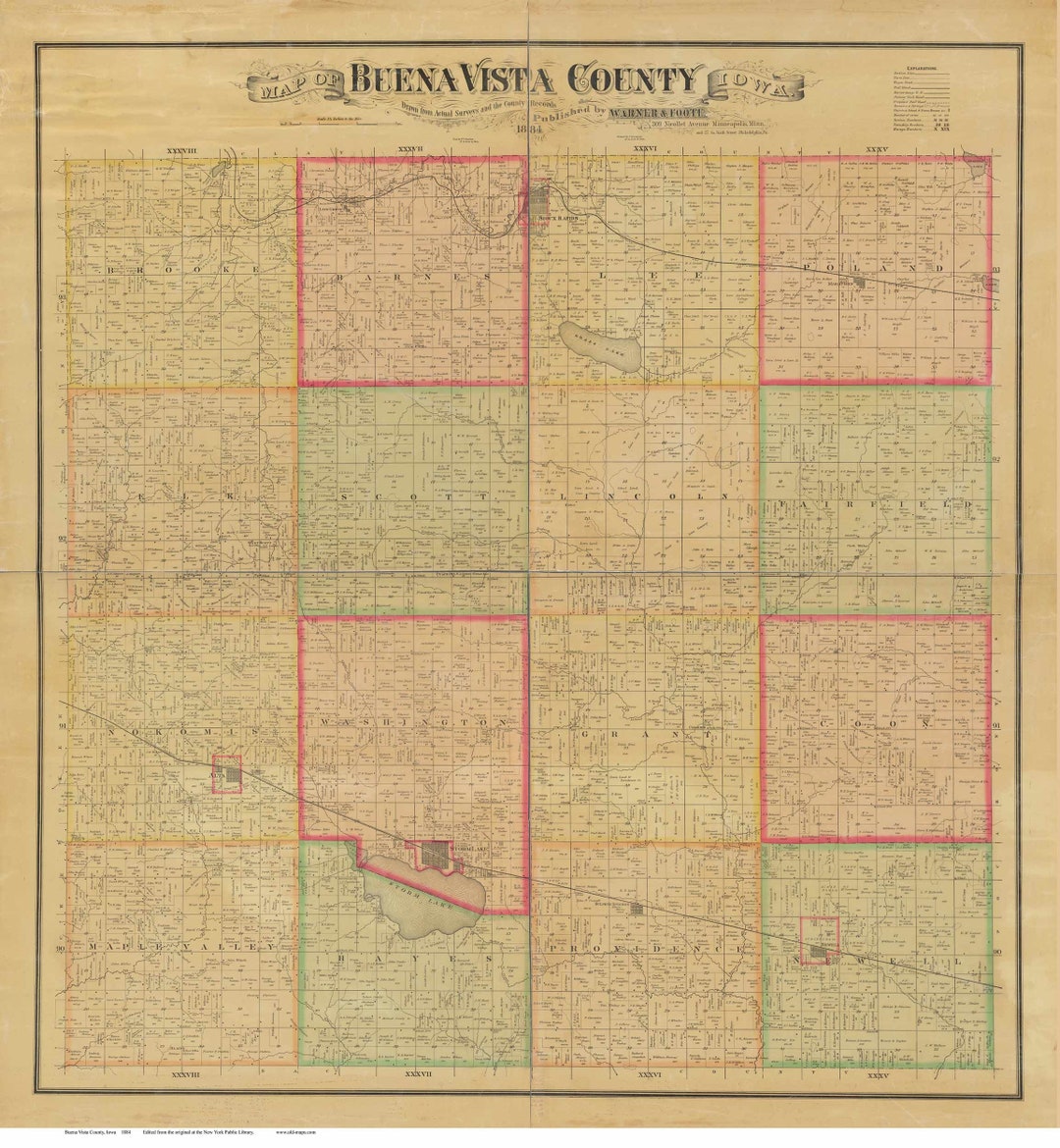 Buena Vista County Iowa 1884 Old Wall Map With Landowner Names Farm
