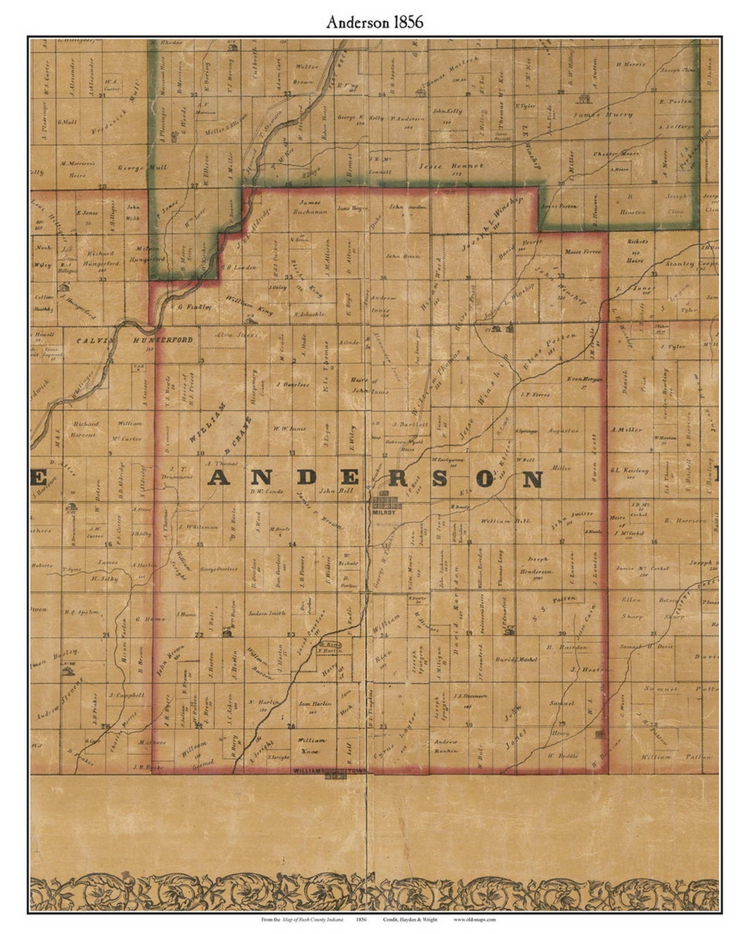 Anderson 1856 Old Town Map With Homeowner Names Indiana Milroy Reprint