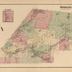 May include: A vintage map of Rockland County, New York, with a detailed grid system and color-coded districts. The map includes the names of towns and villages, as well as roads and rivers. The title "Rockland" is printed at the top of the map, and the scale is indicated in the bottom right corner.