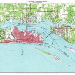 Biloxi y costa circundante - Mapa topográfico antiguo de 1954, Base Aérea Keesler, Ocean Springs, USGS, reimpresión personalizada, Misisipi, 7x7