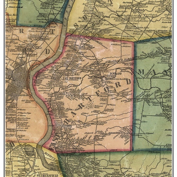 East Hartford 1855 Old Town Map with Homeowner Names Connecticut Hockanum - Reprint Hartford County CT