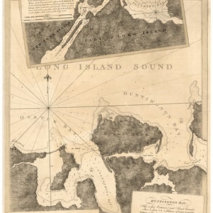 May include: A vintage map of Long Island Sound, New York, showing Oyster Bay and Huntington Bay. The map is in black and white and includes text describing the features of the bays. The map is dated 1776.