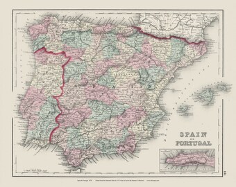 Spain & Portugal 1878 Old Map Gibraltar Balearic Islands - O.W. Gray Europe - World Map USA Atlas