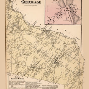May include: An antique map of Gorham, Maine, showing roads, rivers, and the location of businesses. The map is dated 1871 and includes the text "From the Atlas of Cumberland County, 1871, F.W. Beers, www.old-maps.com".