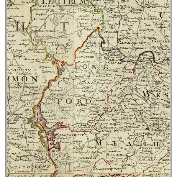 County Longford - Ireland - from 1790 Roque Map - Clan Names - Old Map Custom Print